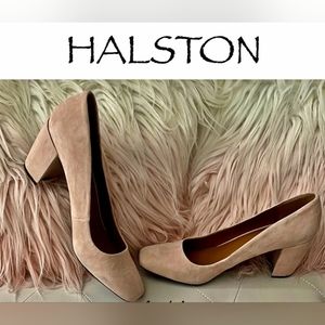 NEW Halston Whitney Rose Blush Suede Block Heel Dress Pumps Size 10M